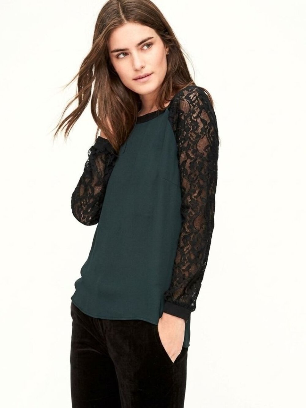 LOFT  Lace Sleeves Blouse M Forrest Green